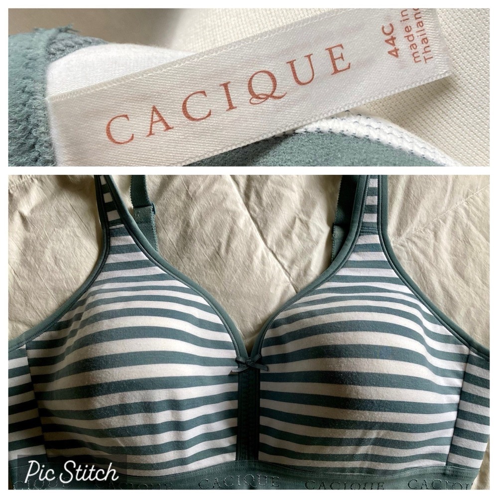 Cacique Lightly Lined No Wire Bra 44C Stripe Sage Green White EUC Curvy Playful